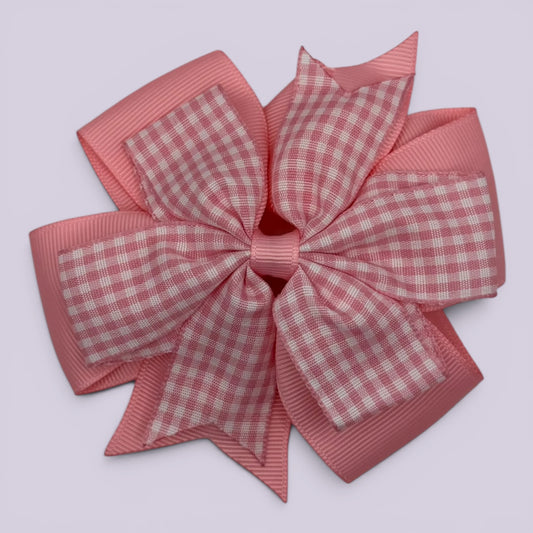 Pink gingham school hair bow clip