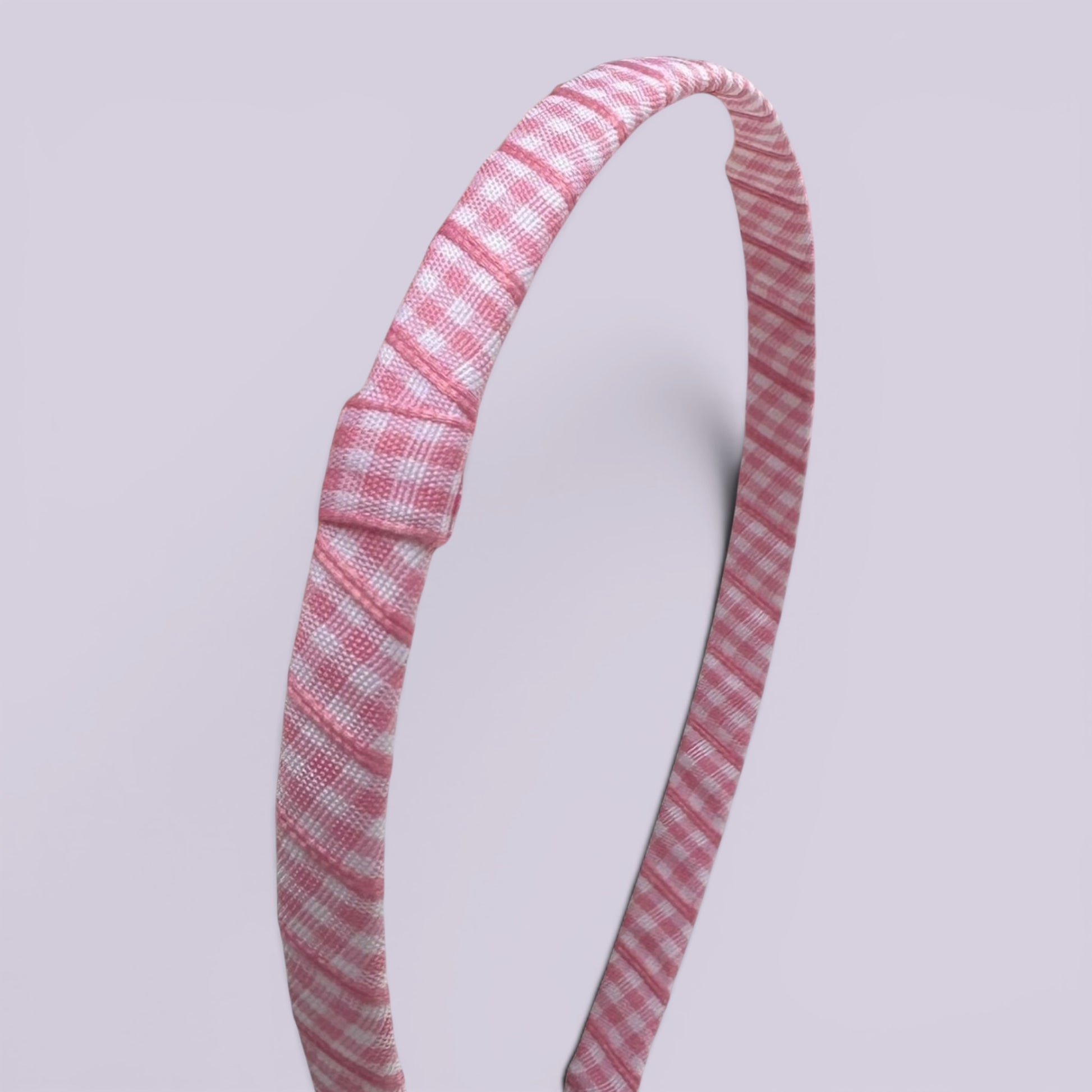 Pink gingham headband close up