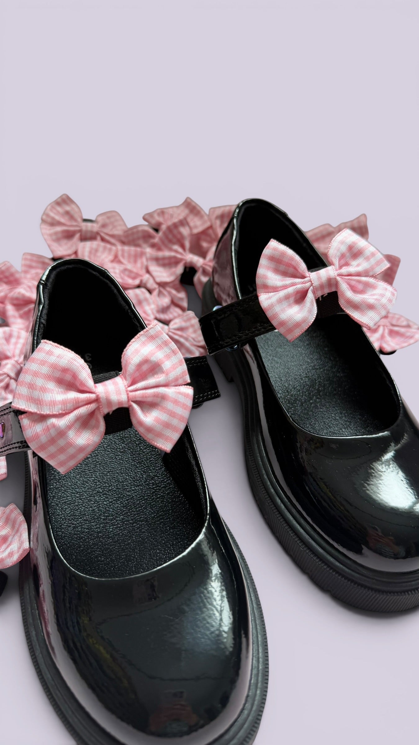Pink gingham school uniform shoe bows
