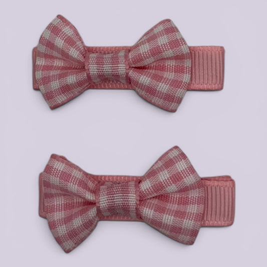 Pink gingham mini bowtie school hair clips