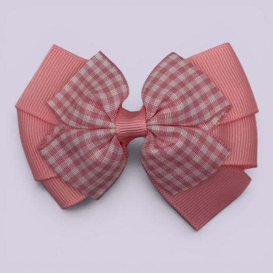 Pink gingham pinwheel school hair bow clip