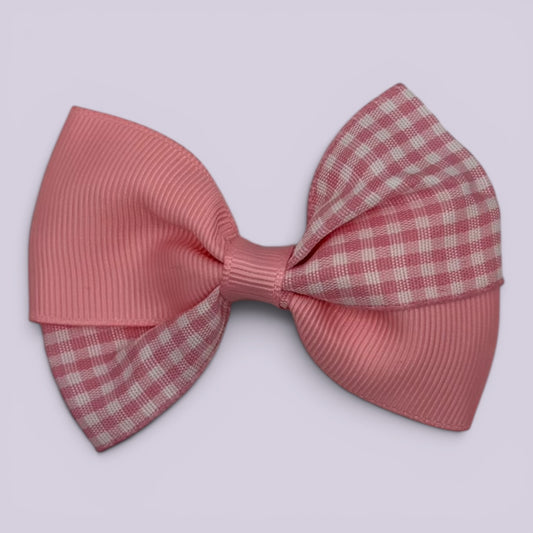Pink gingham twisted school hair bow clip