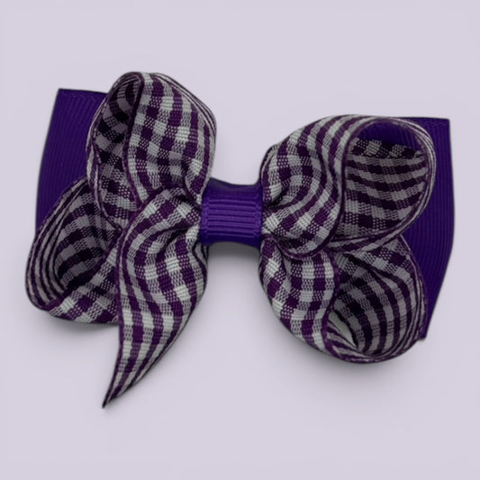 Purple gingham double bow school hair clip
