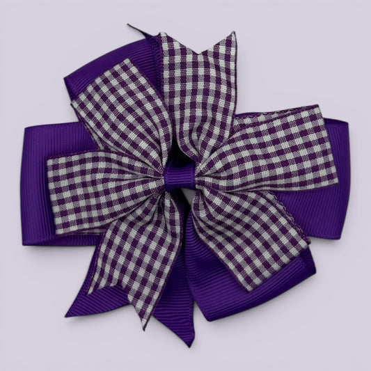 Purple gingham school hair bow clip