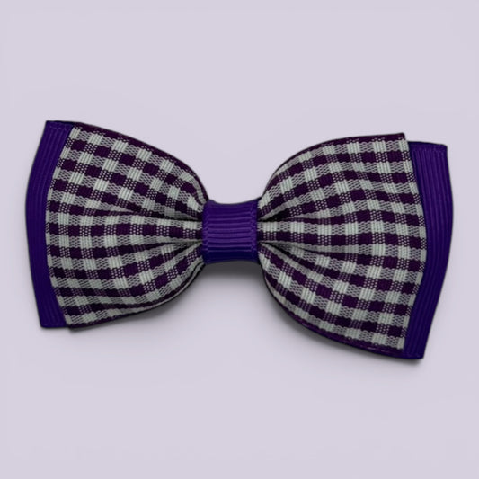 Purple gingham bowtie school hair bow clip
