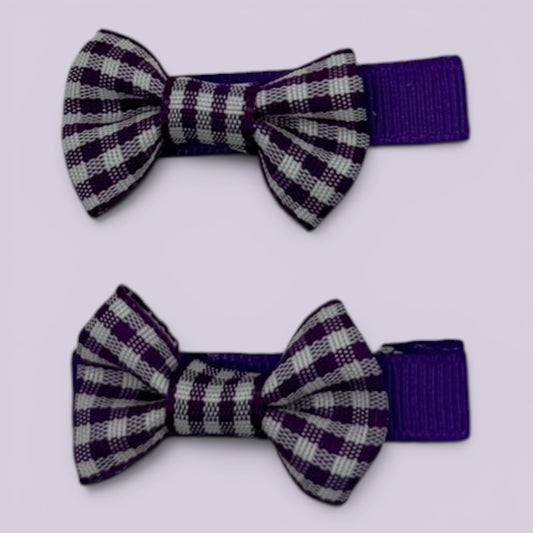 Purple gingham mini bowtie school hair clips