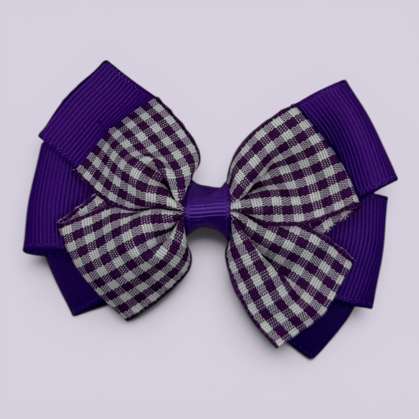 Purple gingham pinwheel school hair bow clip