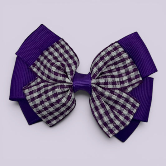 Purple gingham pinwheel school hair bow clip