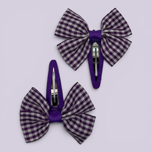 Purple gingham butterfly school snap hair clips