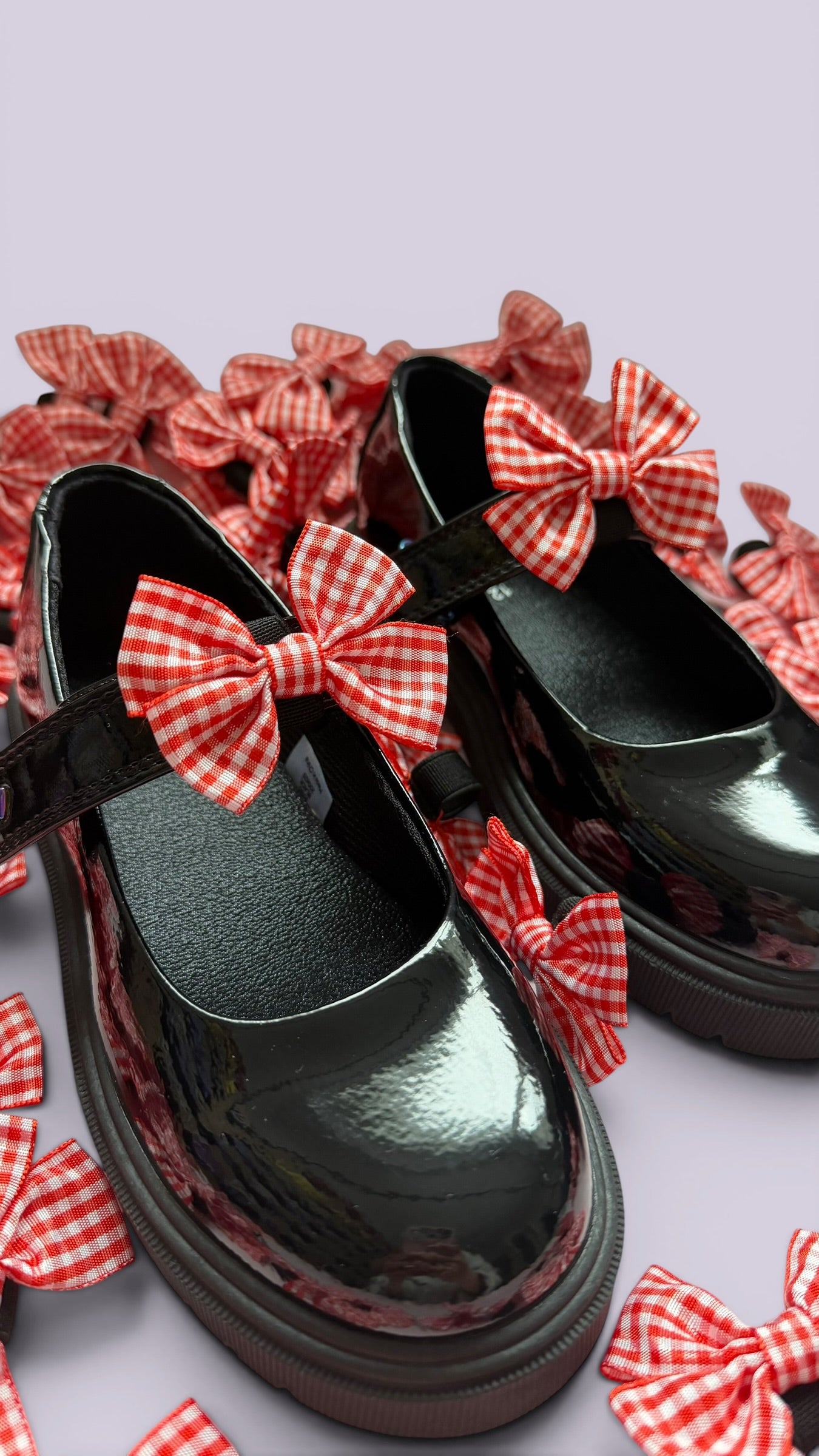 Red gingham school uniform shoe bows