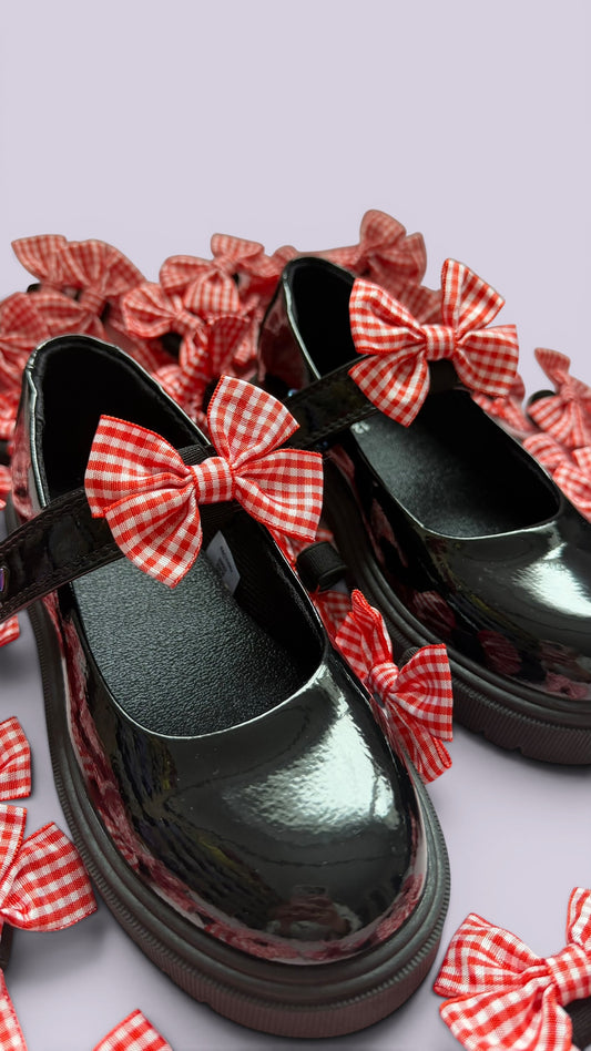 Red gingham school uniform shoe bows