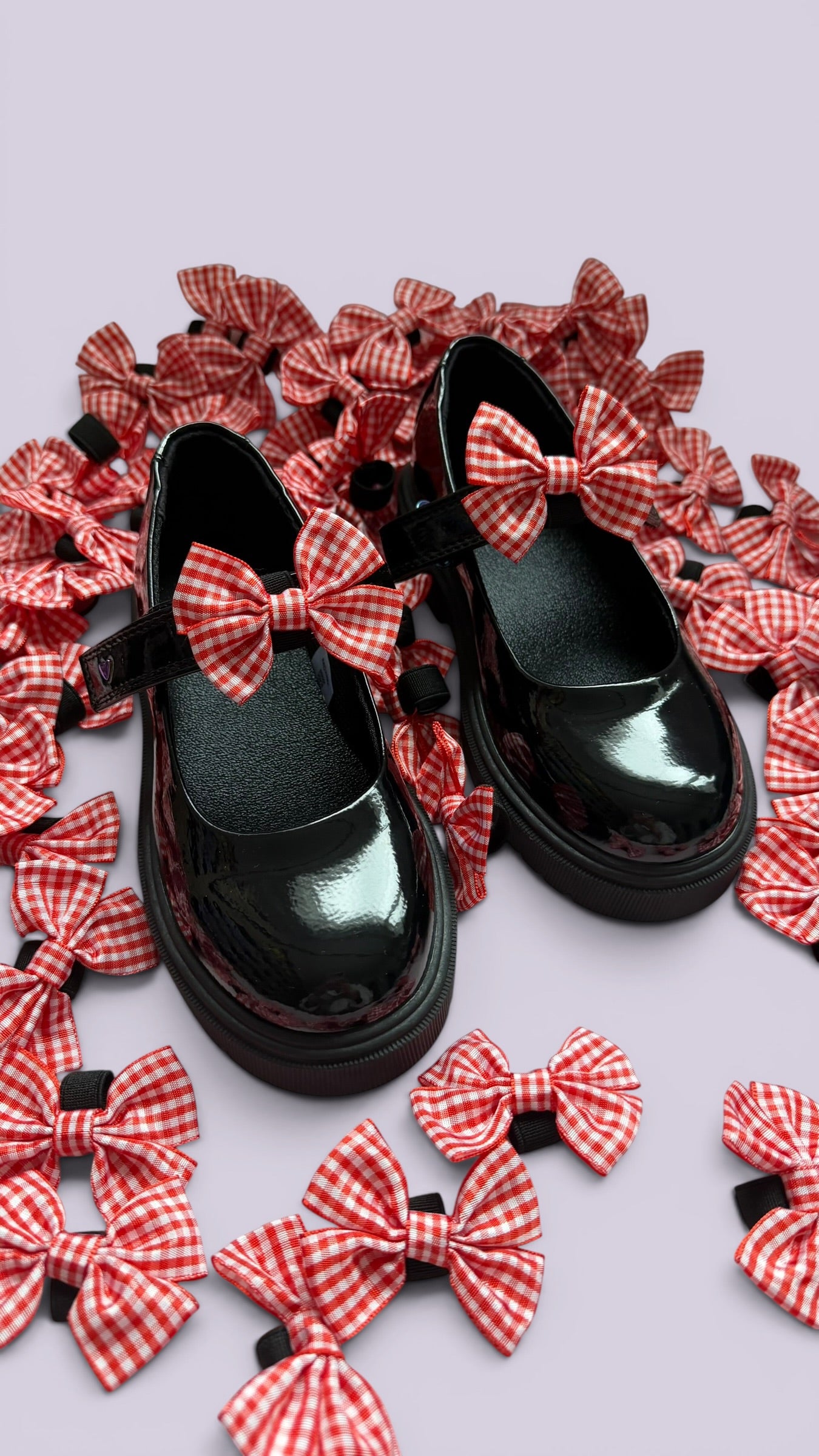 Red gingham shoe bows for school uniform