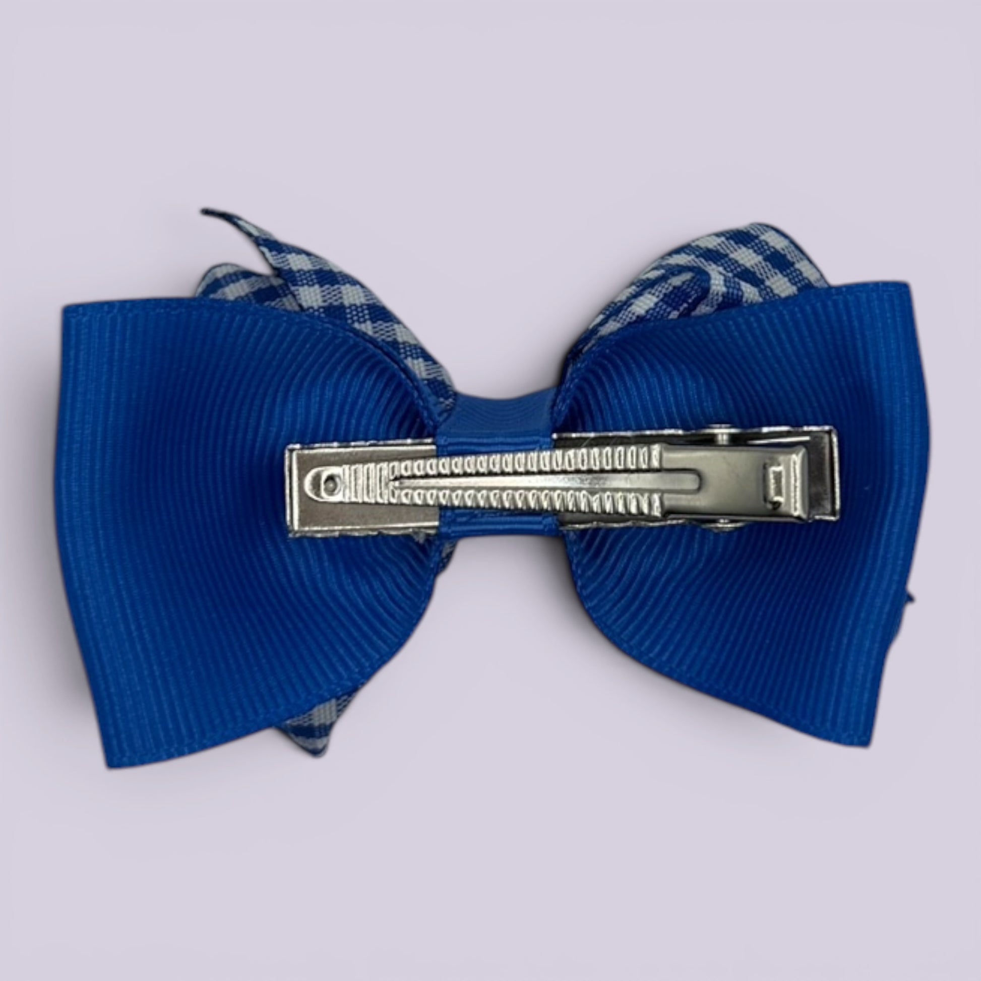 Royal blue gingham double bow clip on card