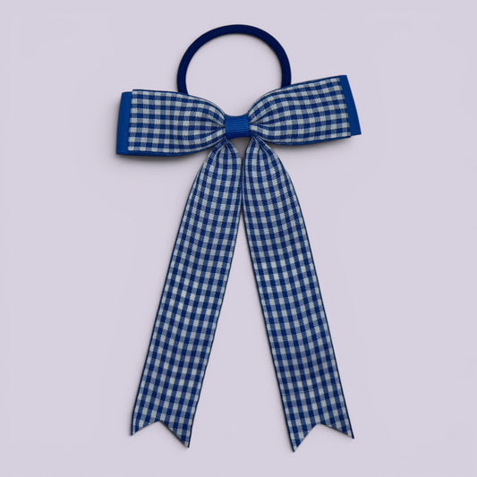 Royal blue gingham tailed school hair bow bobble