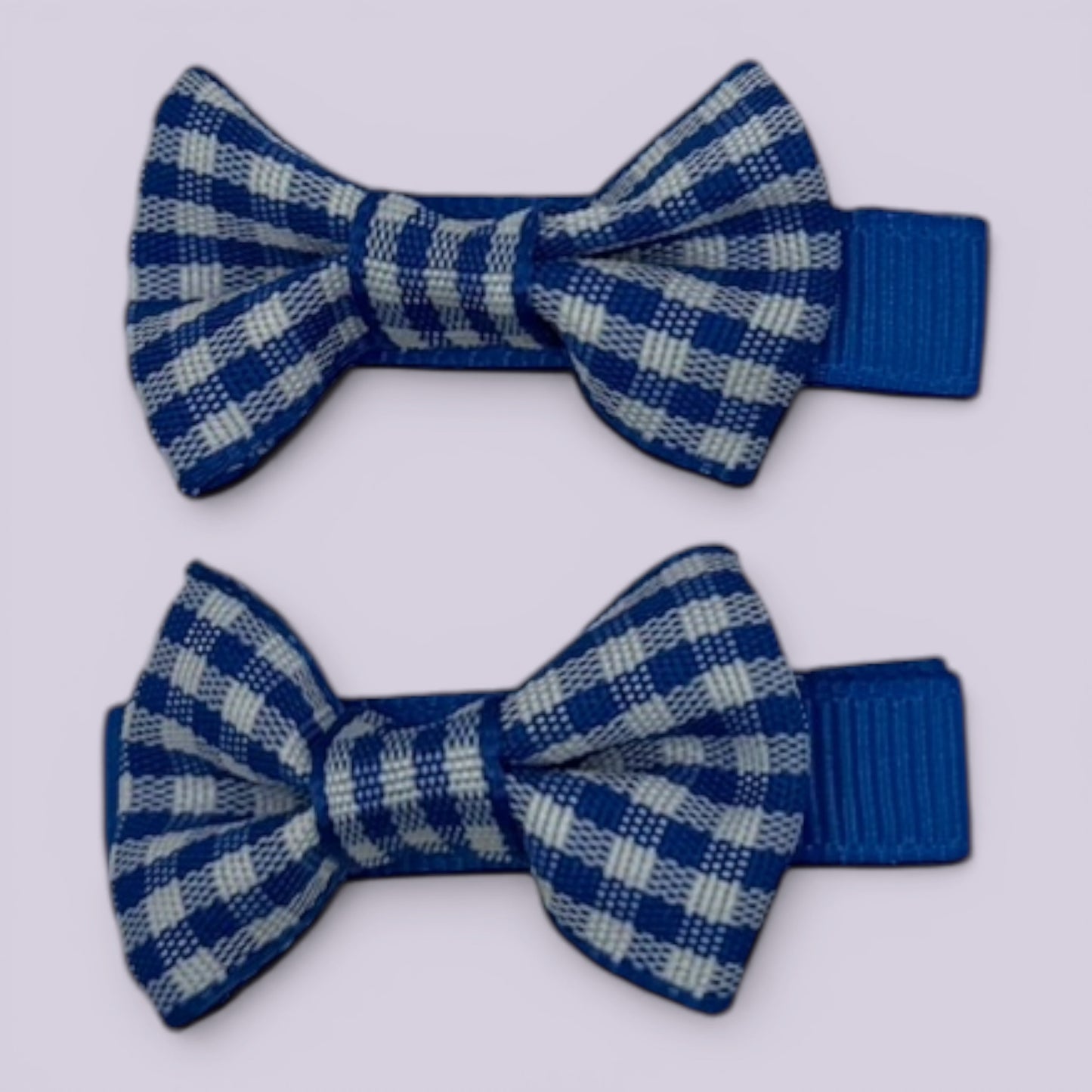 Royal blue gingham mini bowtie school hair clips