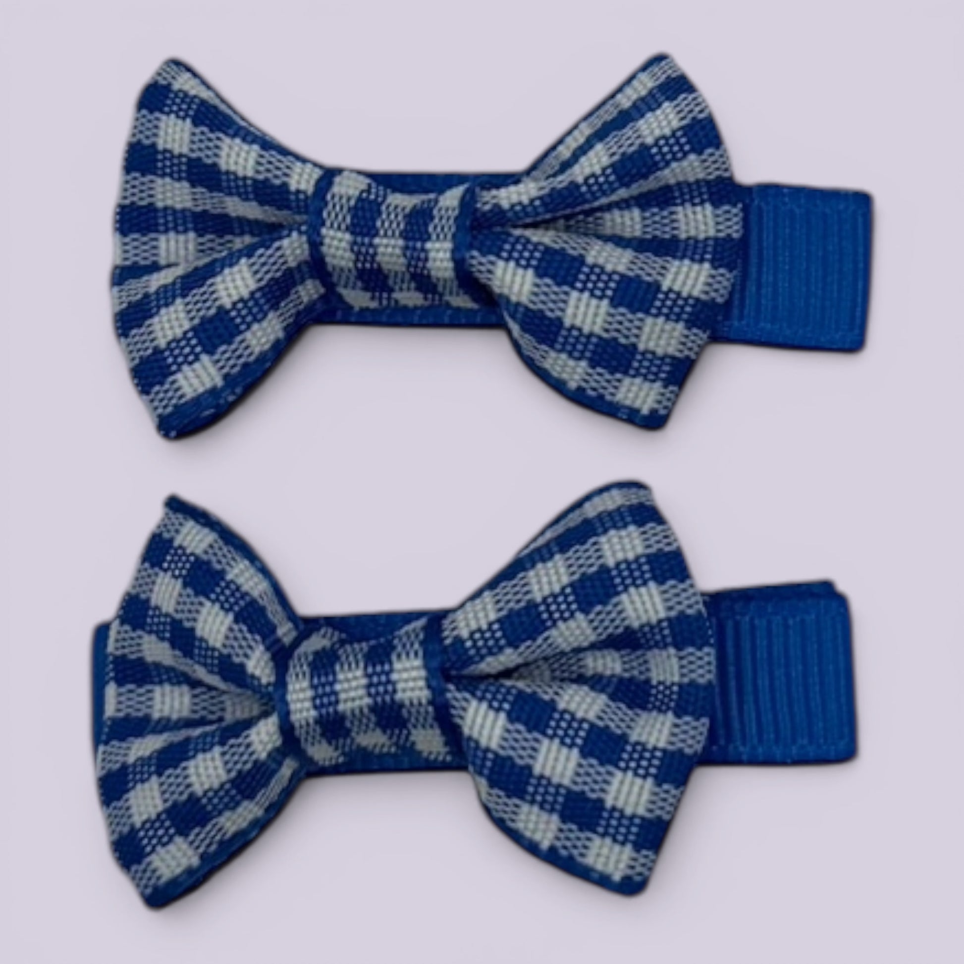 Royal blue gingham mini bowtie school hair clips