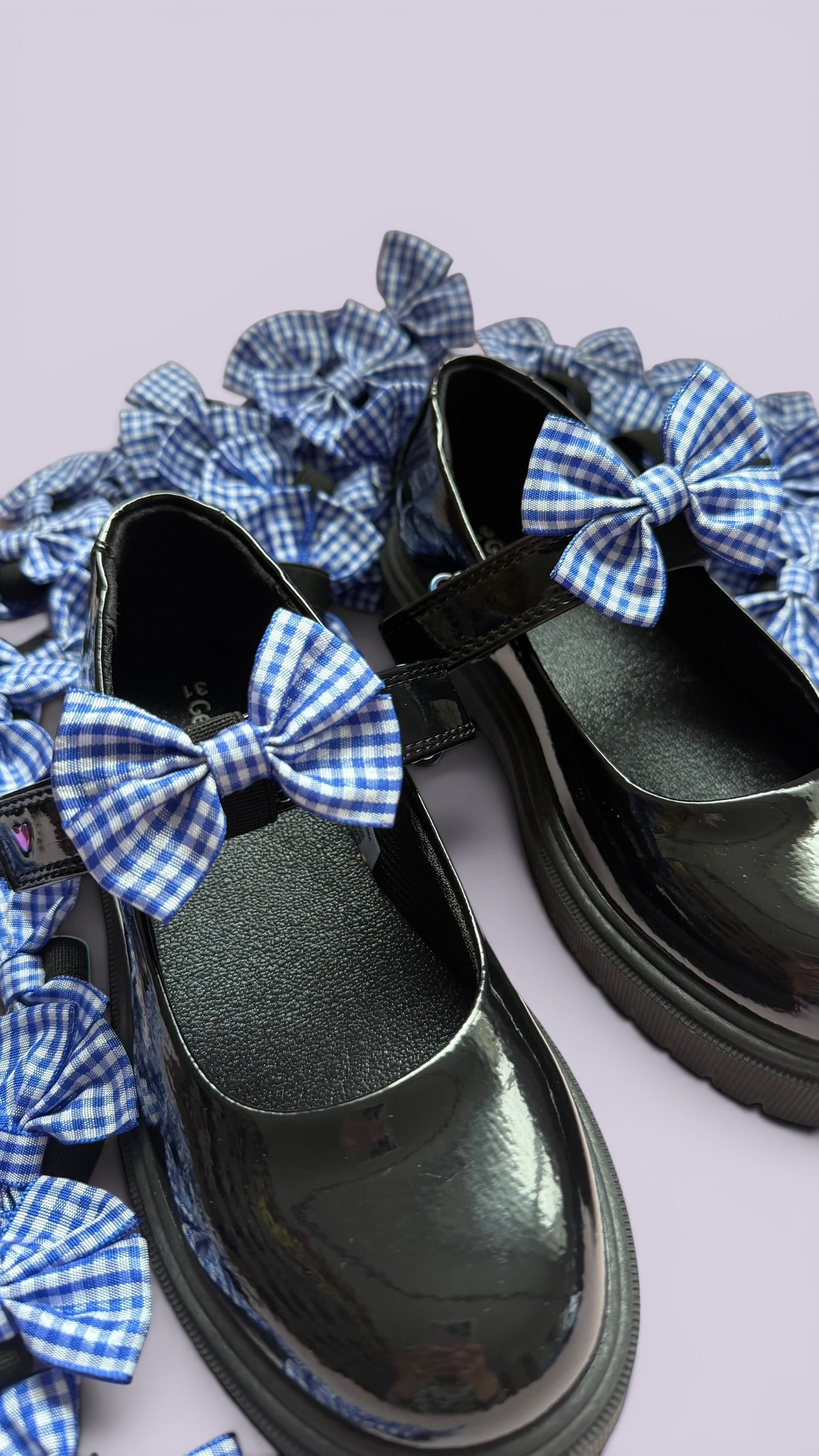 Royal blue gingham school uniform shoe bows