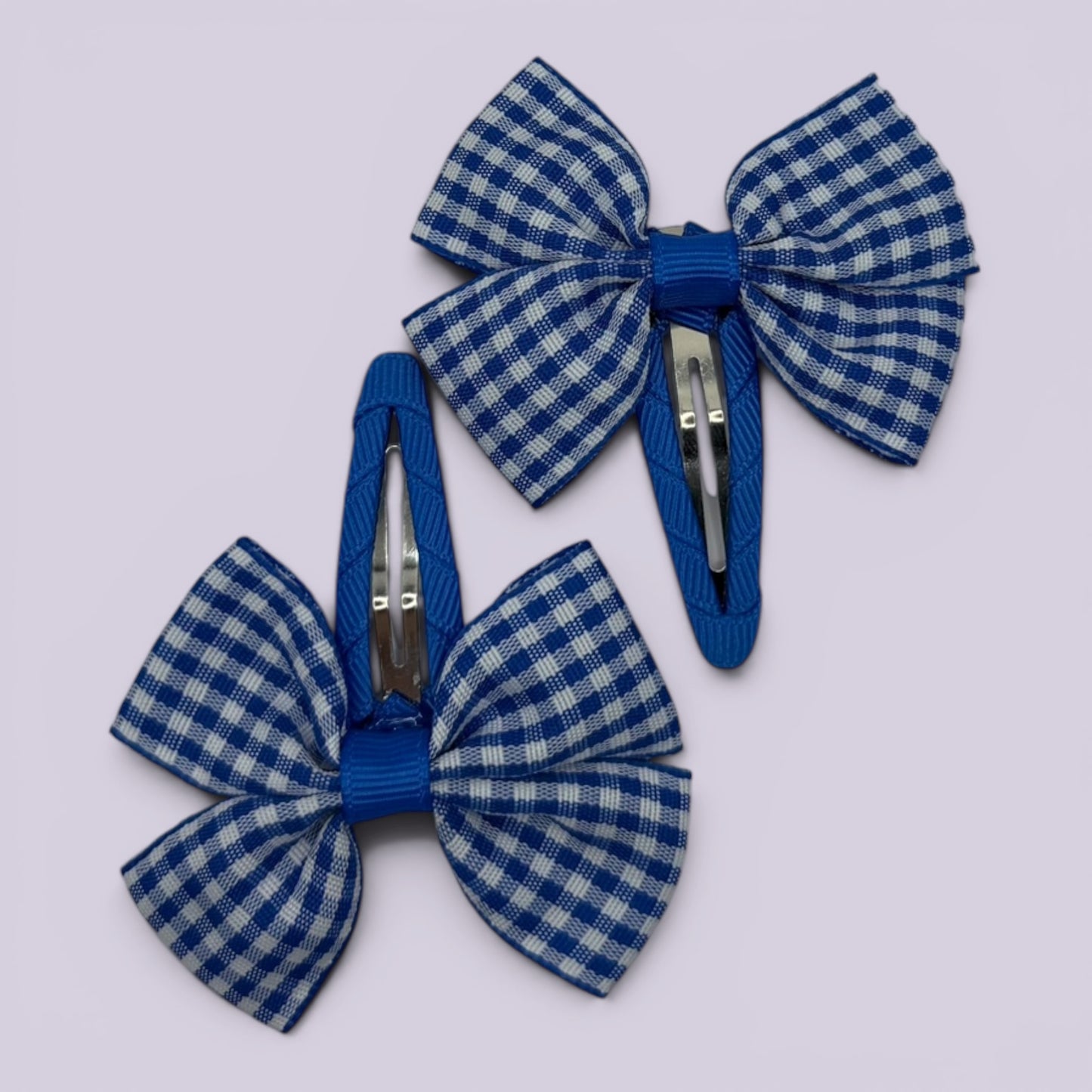 Royal blue gingham butterfly school snap hair clips