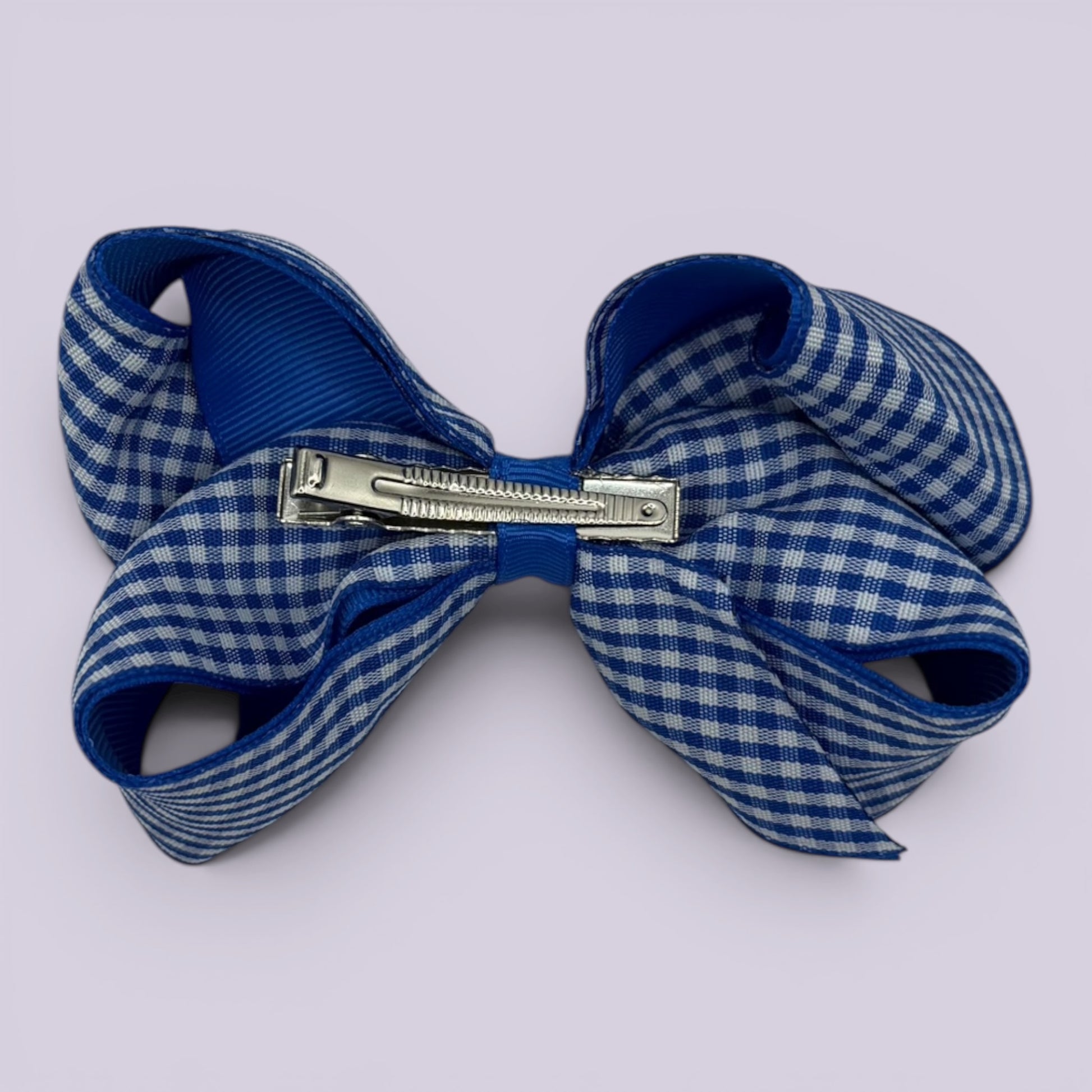 Royal blue gingham large bow clip on card