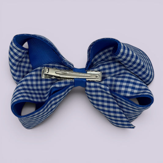 Royal blue gingham large bow clip on card