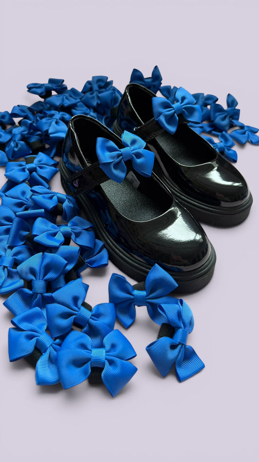 Royal blue shoe bows on school shoes