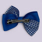 Royal blue gingham twisted bow clip on card