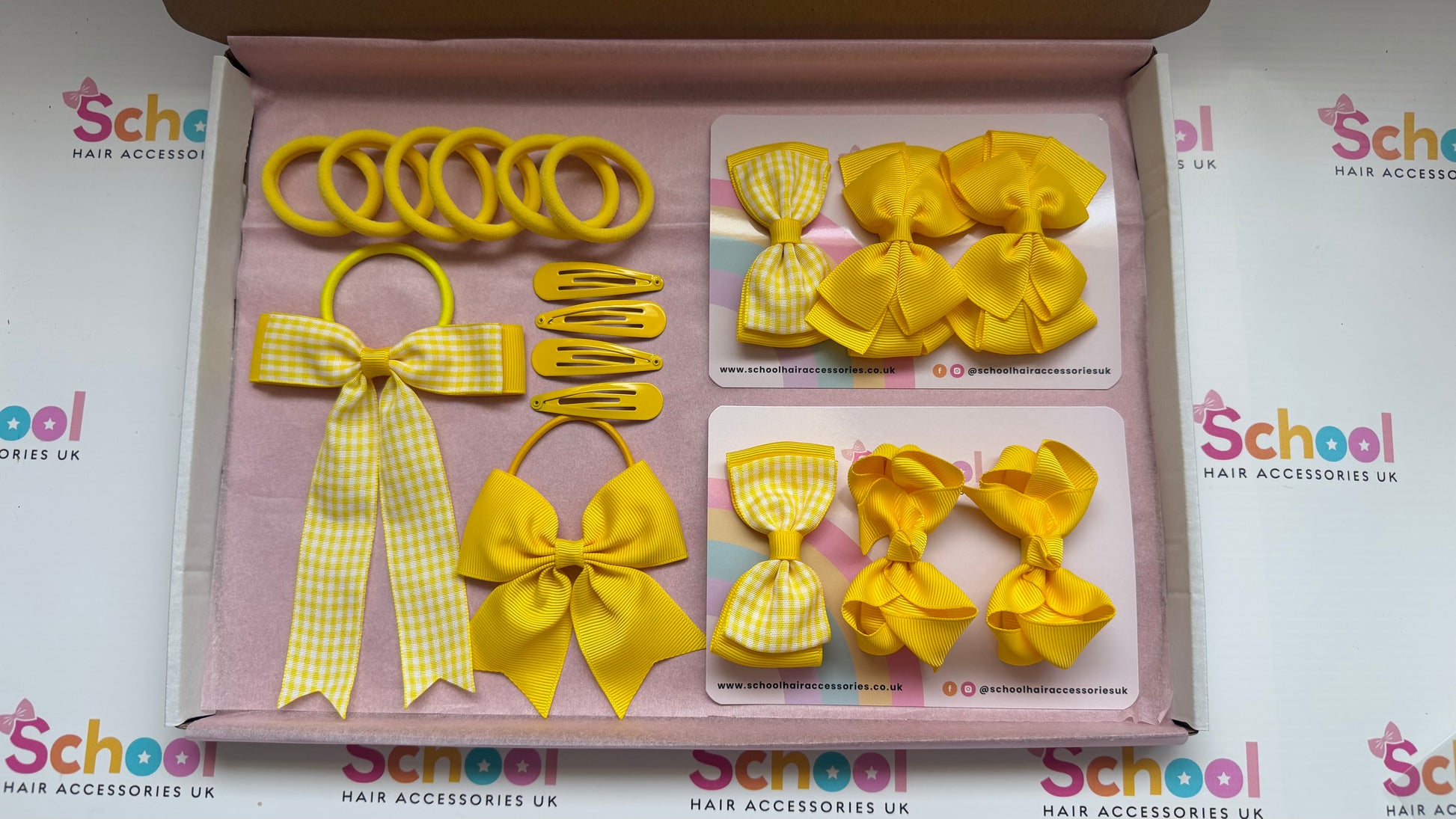 Yellow school hair bundle contents with matching bows