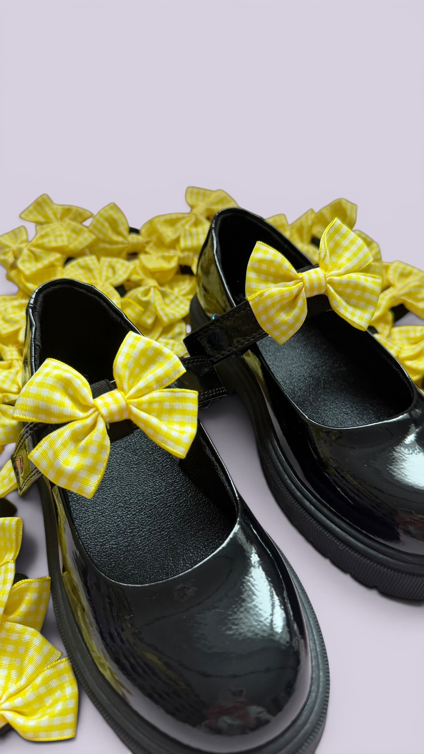 Yellow gingham school uniform shoe bows